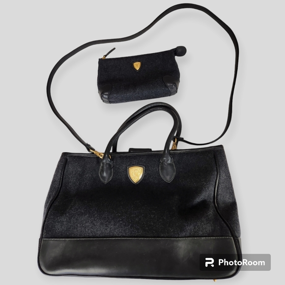 Blaine Trump Handbags - Vintage Blaine Trump Winter Wool/Leather Gray Satchel with matching cosmetic bag